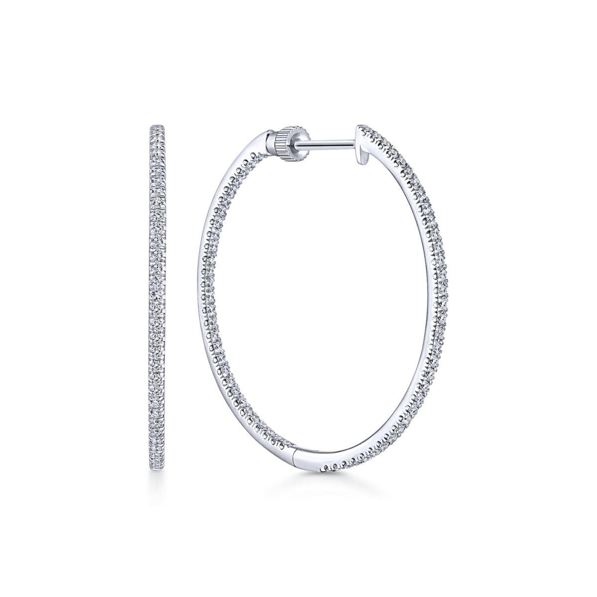 14K White Gold French Pavé 30mm Round Inside Out Diamond Hoop Earrings