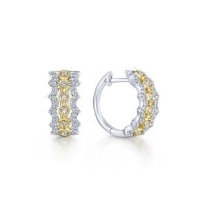 14K Yellow-White Gold 10mm Wide Diamond Huggie Earrings