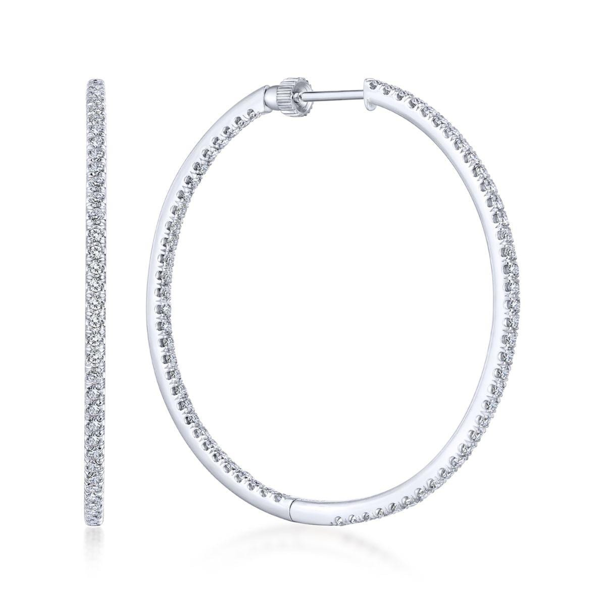 14K White Gold French Pavé 40mm Round Inside Out Diamond Hoop Earrings