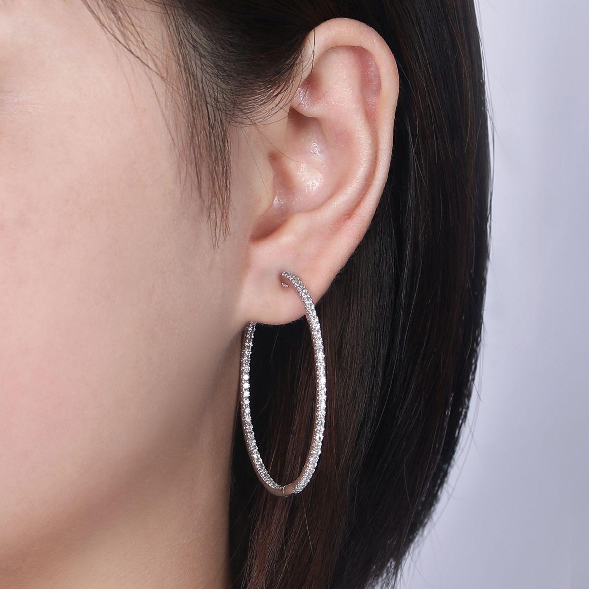 14K White Gold French Pavé 40mm Round Inside Out Diamond Hoop Earrings - Image 4