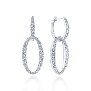 18K White Gold Oval Diamond Link Huggie Earrings