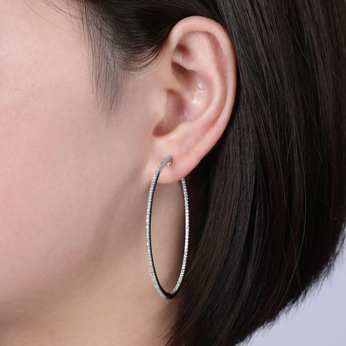 14K White Gold French Pavé 50mm Round Inside Out Diamond Hoop Earrings - Image 4
