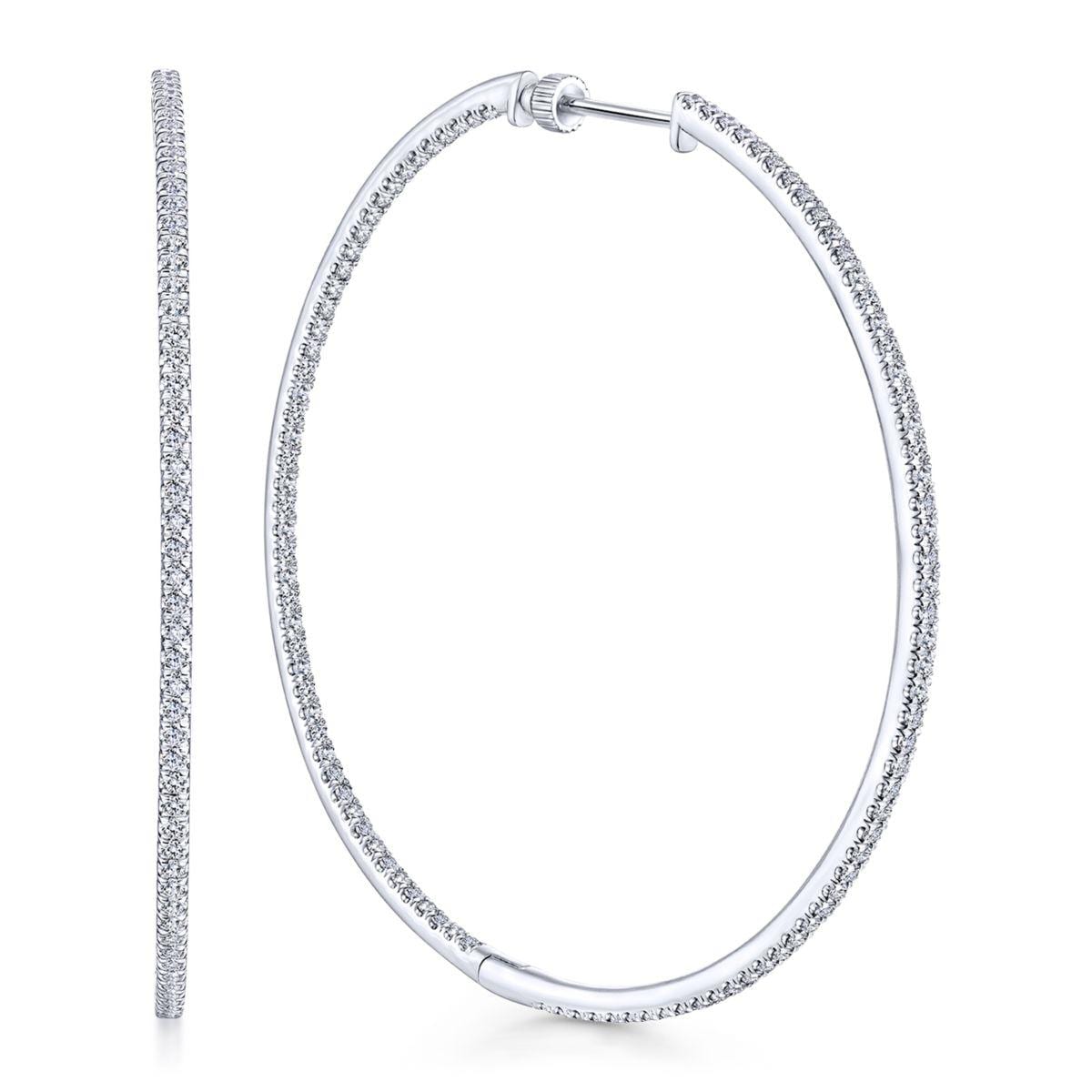 14K White Gold French Pavé 60mm Round Inside Out Diamond Hoop Earrings