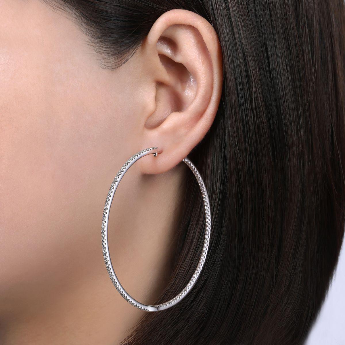 14K White Gold French Pavé 60mm Round Inside Out Diamond Hoop Earrings - Image 2