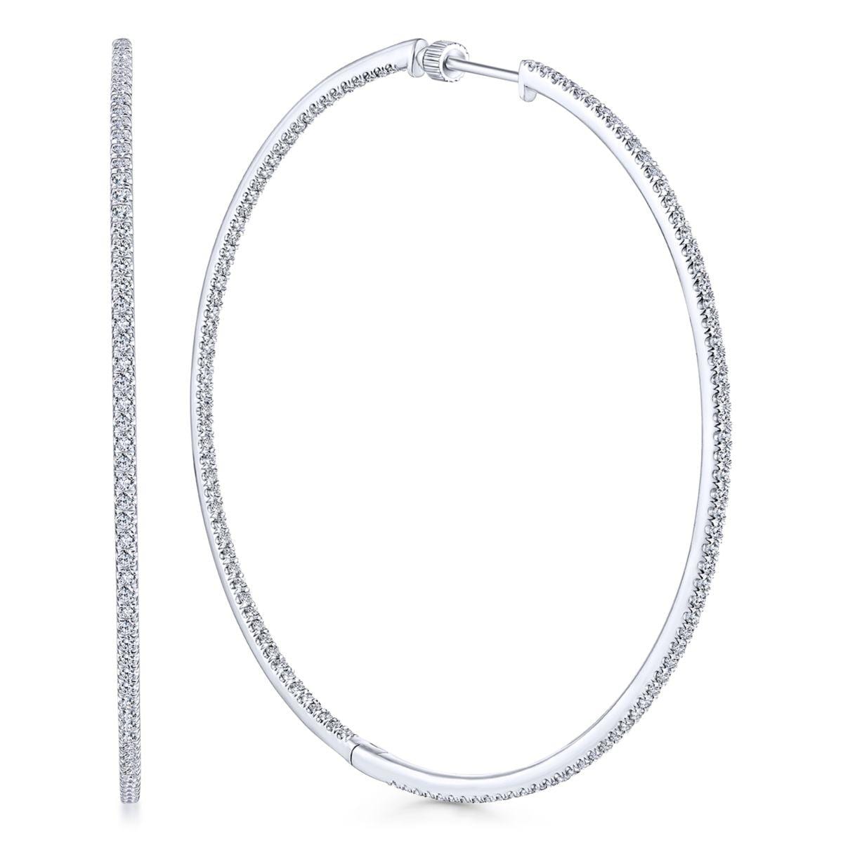 14K White Gold French Pavé 70mm Round Inside Out Diamond Hoop Earrings