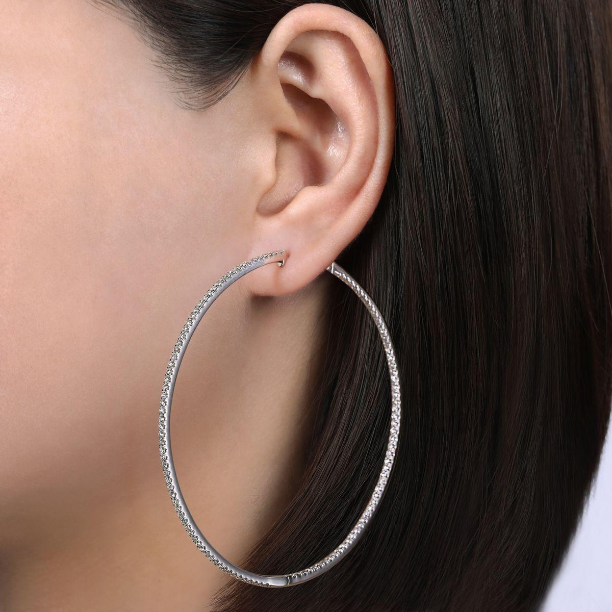 14K White Gold French Pavé 70mm Round Inside Out Diamond Hoop Earrings - Image 2