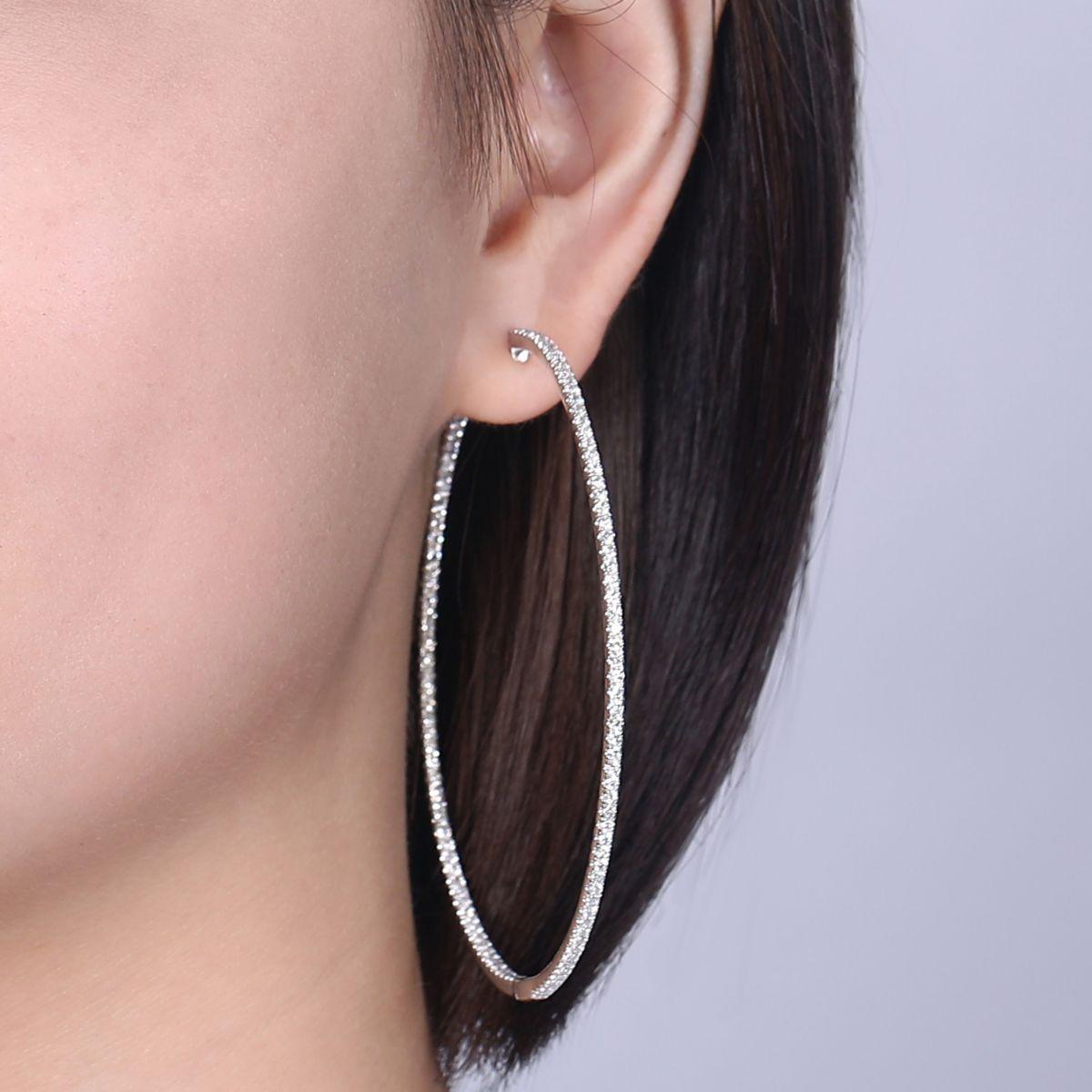 14K White Gold French Pavé 70mm Round Inside Out Diamond Hoop Earrings - Image 4