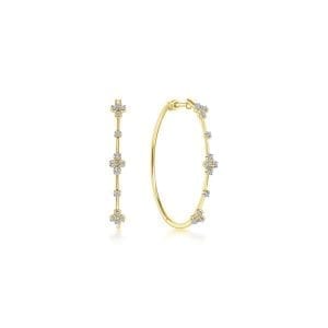 14K Yellow Gold Prong Set 40mm Round Classic Diamond Hoop Earrings