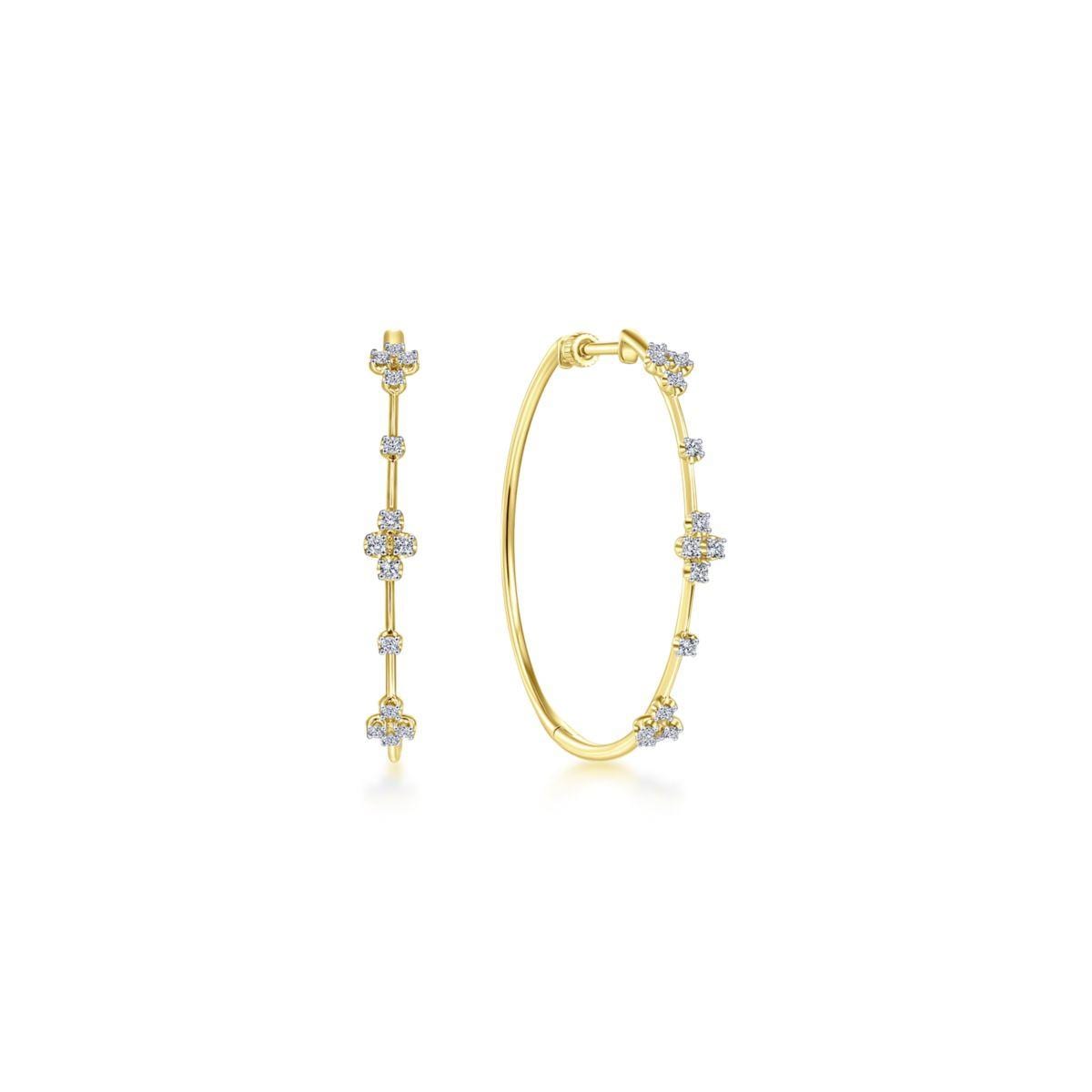 14K Yellow Gold Prong Set 40mm Round Classic Diamond Hoop Earrings