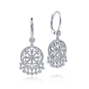 925 Sterling Silver Round Filigree White Sapphire Earrings with Drops