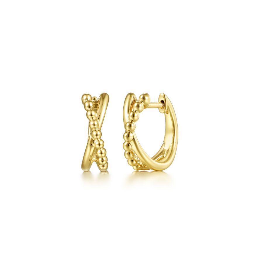 14K Yellow Gold Beaded Ball Criss Cross Huggie Earrings