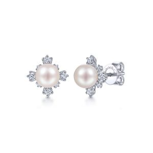 14K White Gold Pearl and Diamond Stud Earrings