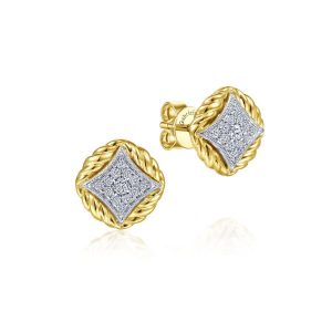 14K Yellow-White Gold Pave Diamond Stud Earrings with Twisted Rope