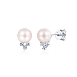 14K White Gold Pearl Post Earrings With Diamond Accents