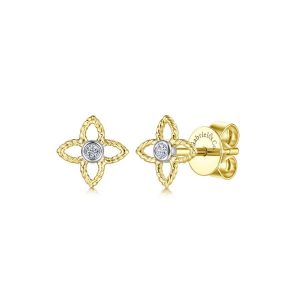 14K Yellow-White Gold Quatrefoil Twisted Rope and Diamond Stud Earrings