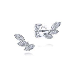 14K White Gold Triple Marquise Shape Diamond Station Stud Earrings