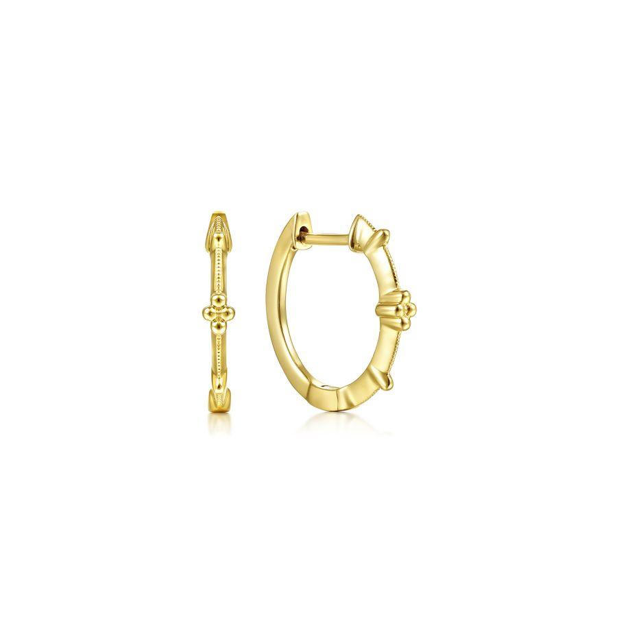 Vintage Inspired 14K Yellow Gold 15mm Beaded Station Huggie Earrings