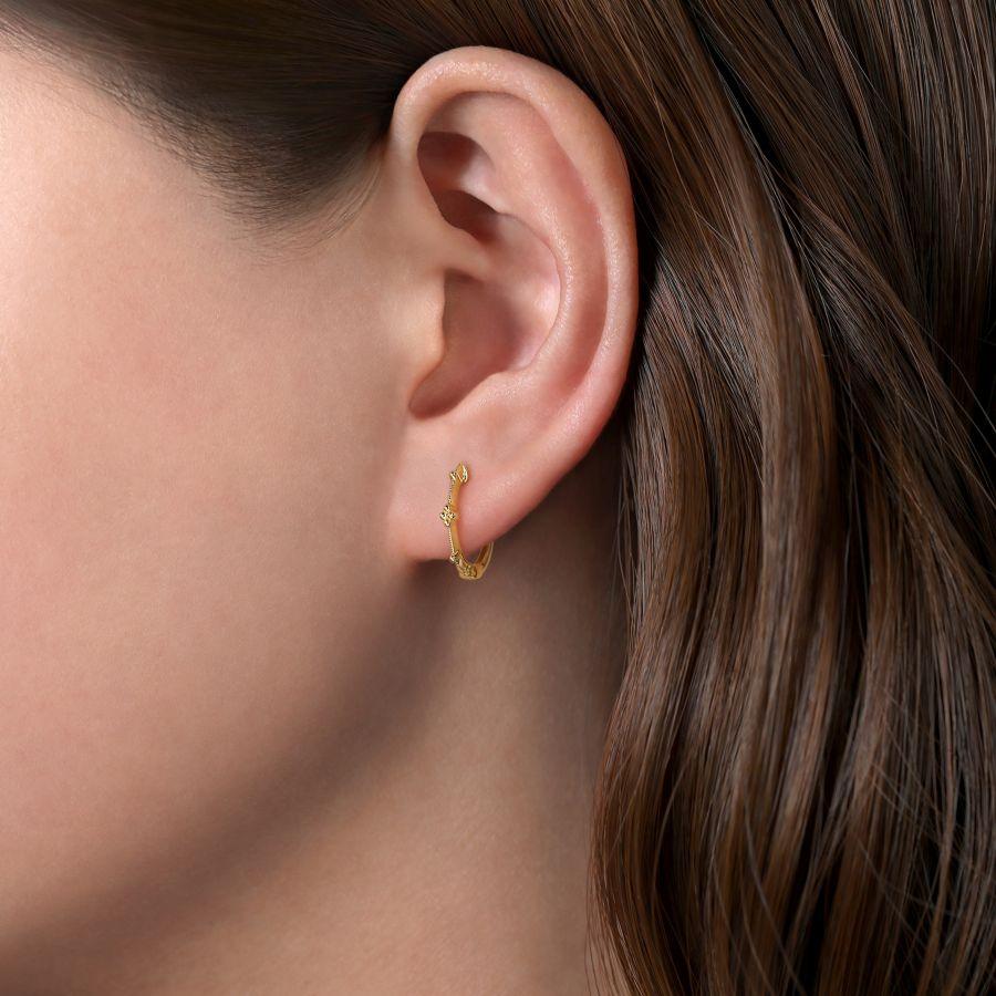 Vintage Inspired 14K Yellow Gold 15mm Beaded Station Huggie Earrings - Image 2