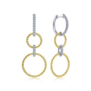 14K White-Yellow Gold Twisted Rope and Diamond Open Circle Huggie Drop Earrings