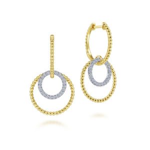 14K White-Yellow Gold Twisted Rope and Diamond Open Circle Huggie Drop Earrings