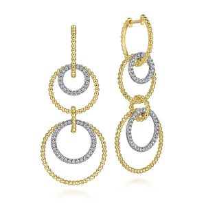 14K White-Yellow Gold Diamond Huggie Drop Earrings