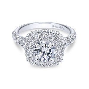 14k White Gold Cushion Double Halo Round Diamond Engagement Ring