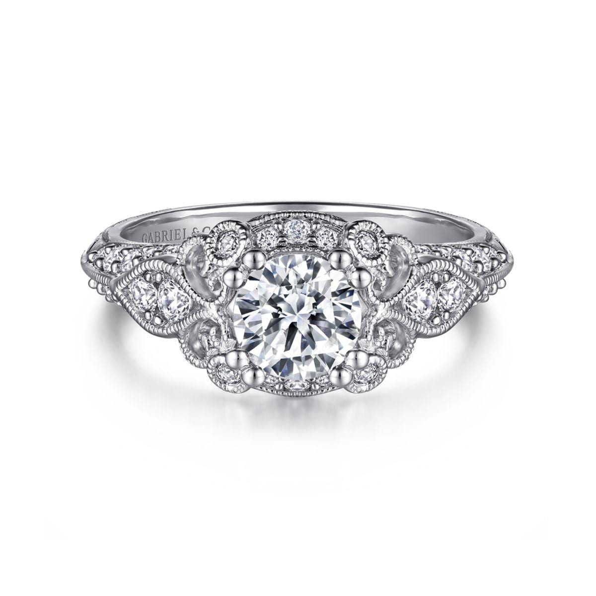 Unique 14K White Gold Vintage Inspired Diamond Halo Engagement Ring