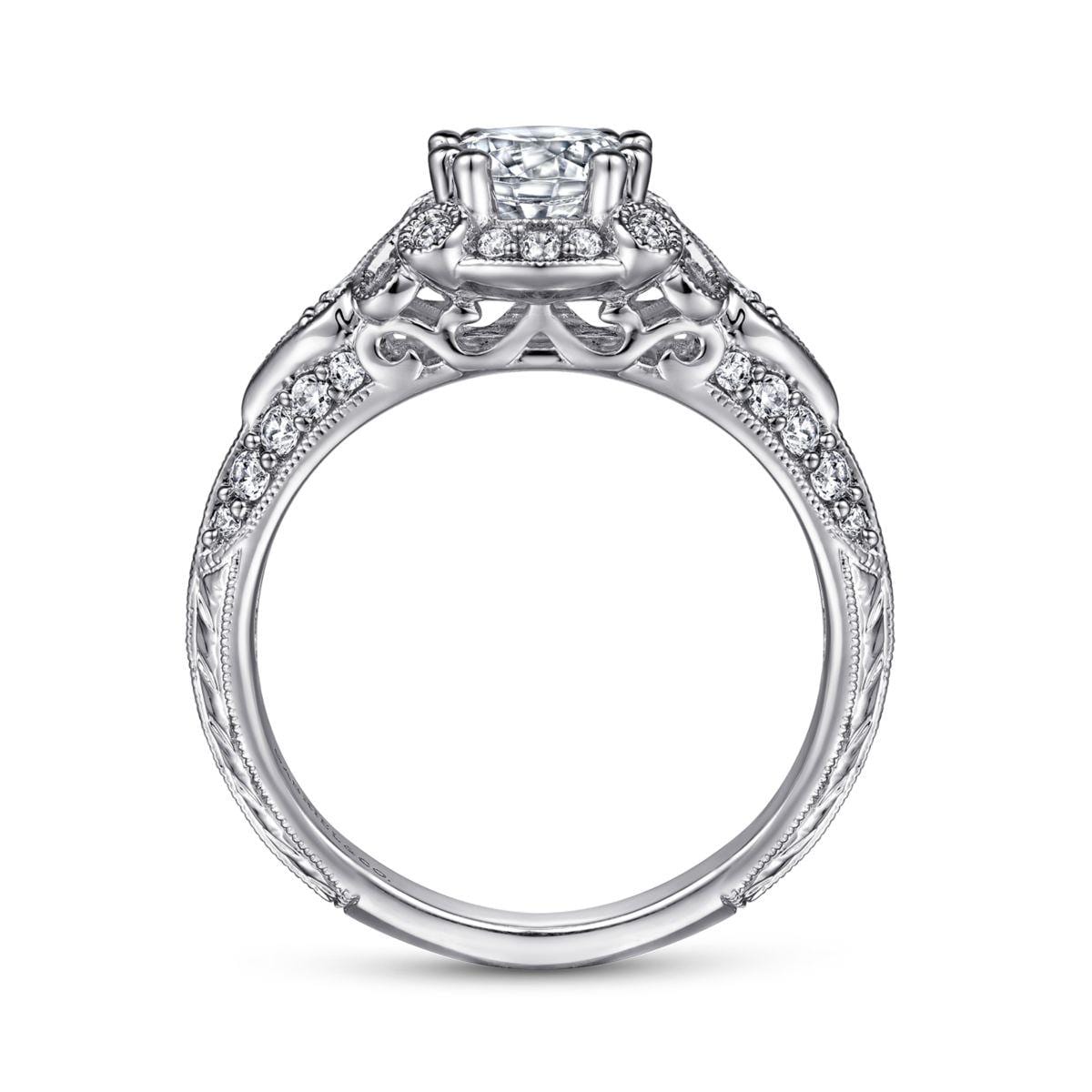 Unique 14K White Gold Vintage Inspired Diamond Halo Engagement Ring - Image 2
