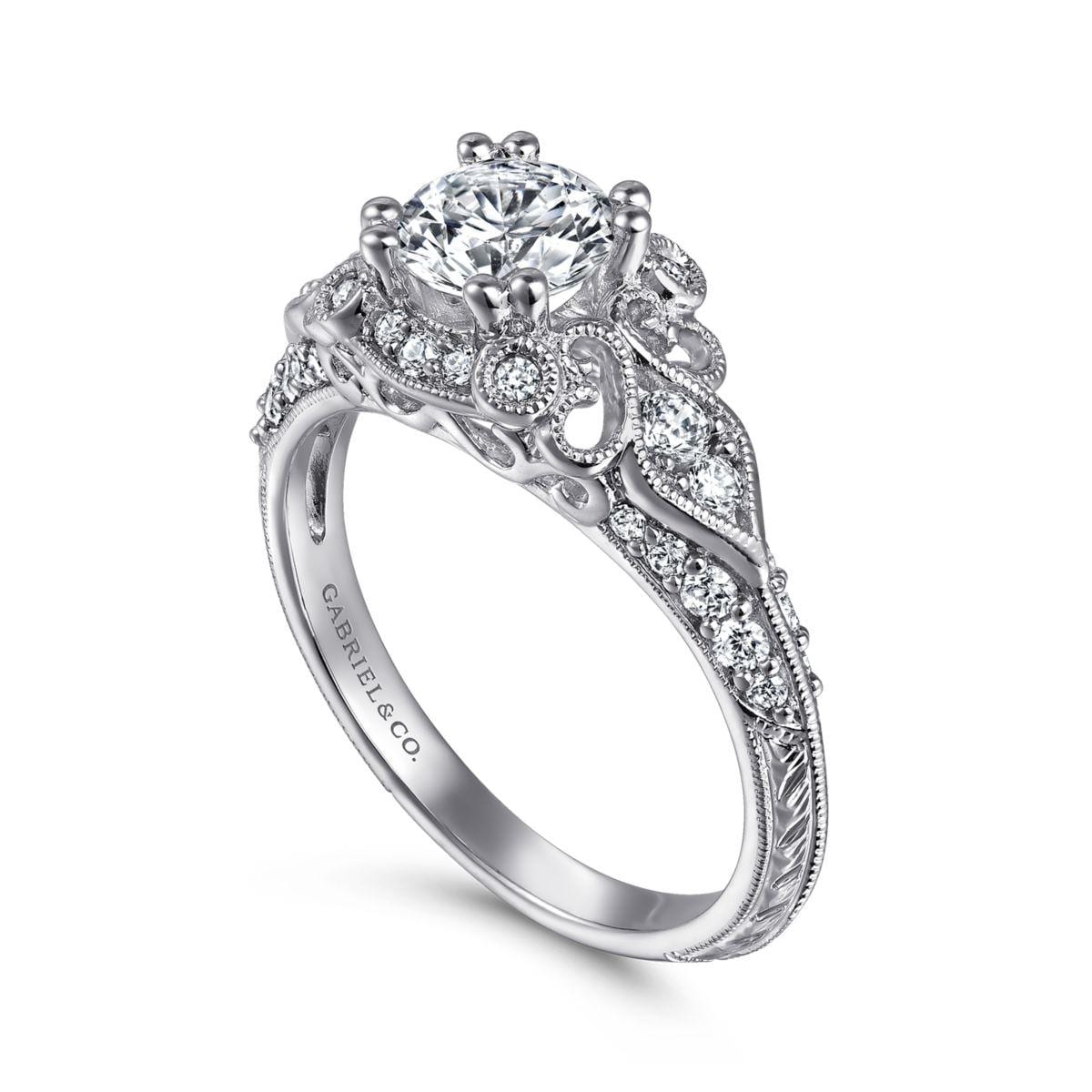Unique 14K White Gold Vintage Inspired Diamond Halo Engagement Ring - Image 3