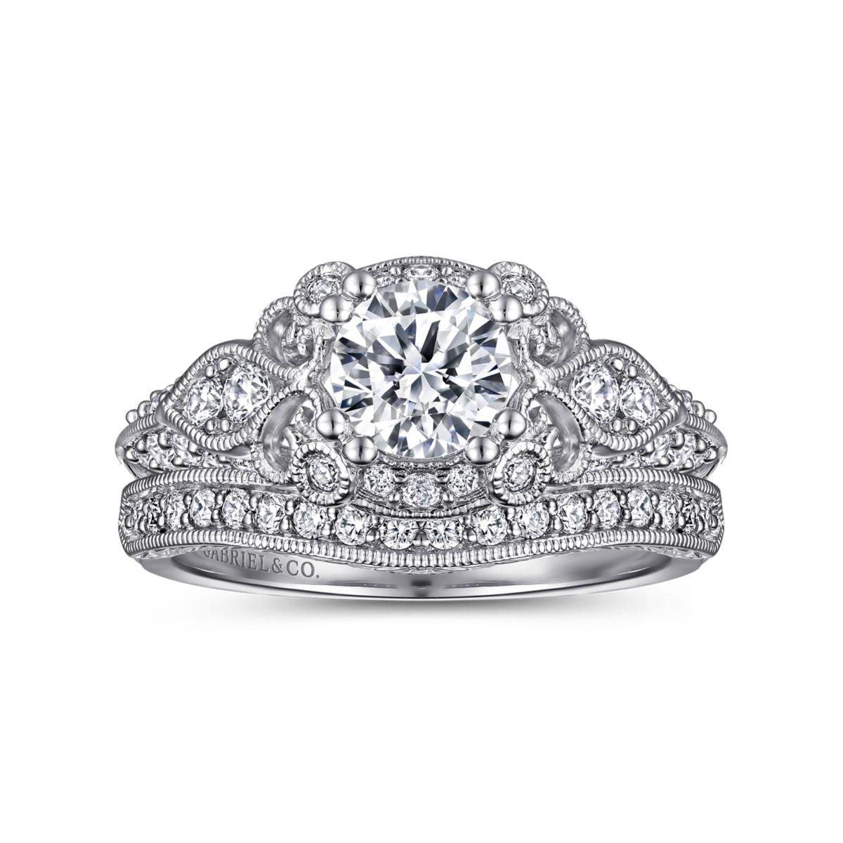 Unique 14K White Gold Vintage Inspired Diamond Halo Engagement Ring - Image 4