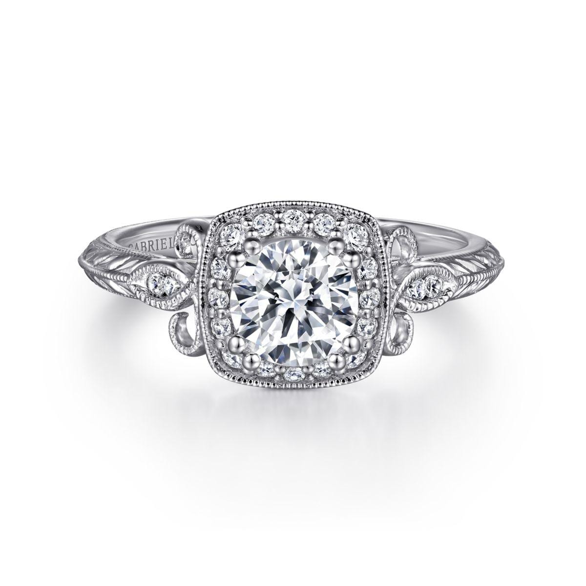 Vintage Inspired 14K White Gold Cushion Halo Round Diamond Engagement Ring