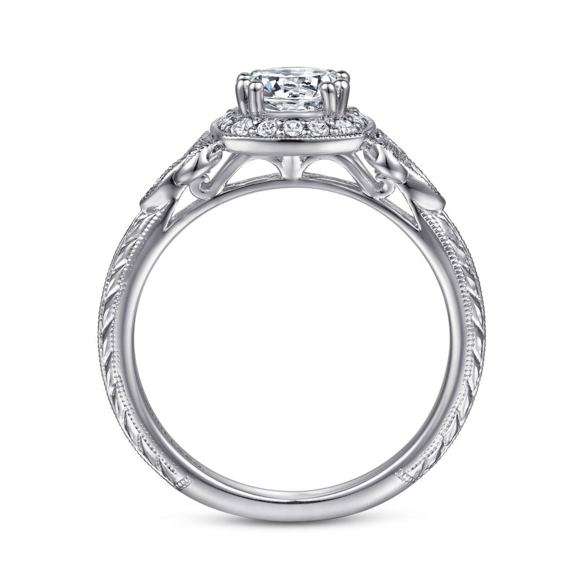 Vintage Inspired 14K White Gold Cushion Halo Round Diamond Engagement Ring - Image 2