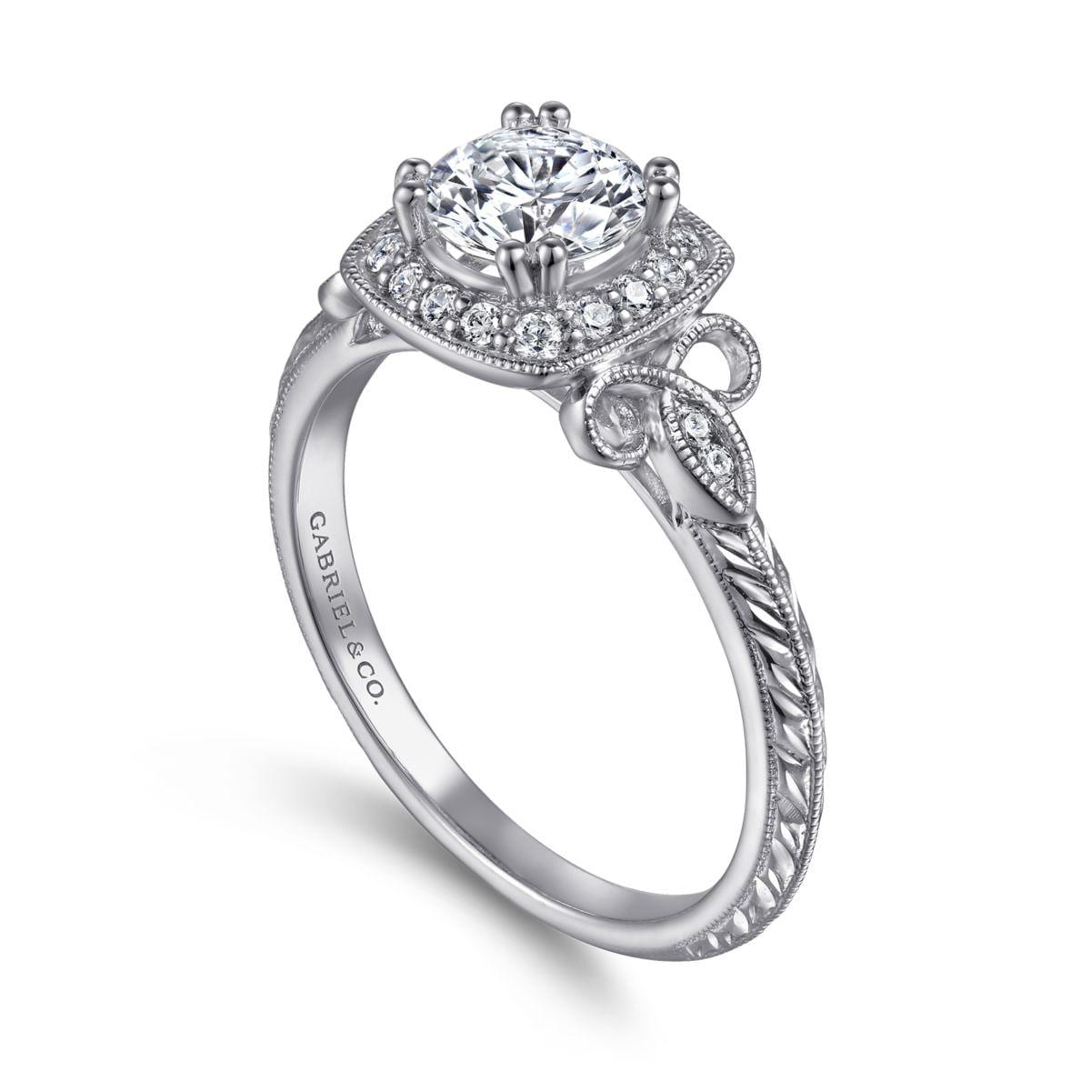 Vintage Inspired 14K White Gold Cushion Halo Round Diamond Engagement Ring - Image 3