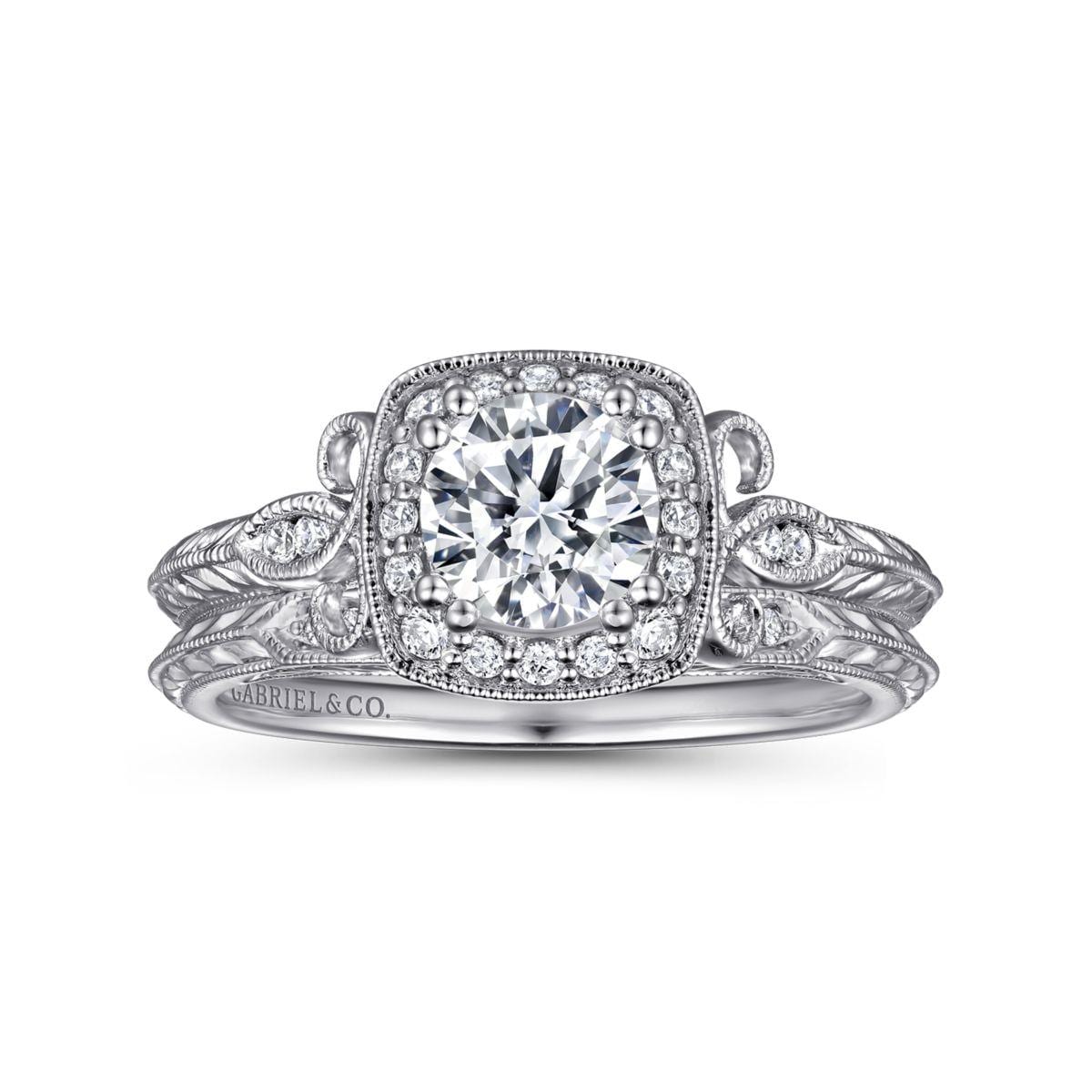 Vintage Inspired 14K White Gold Cushion Halo Round Diamond Engagement Ring - Image 4