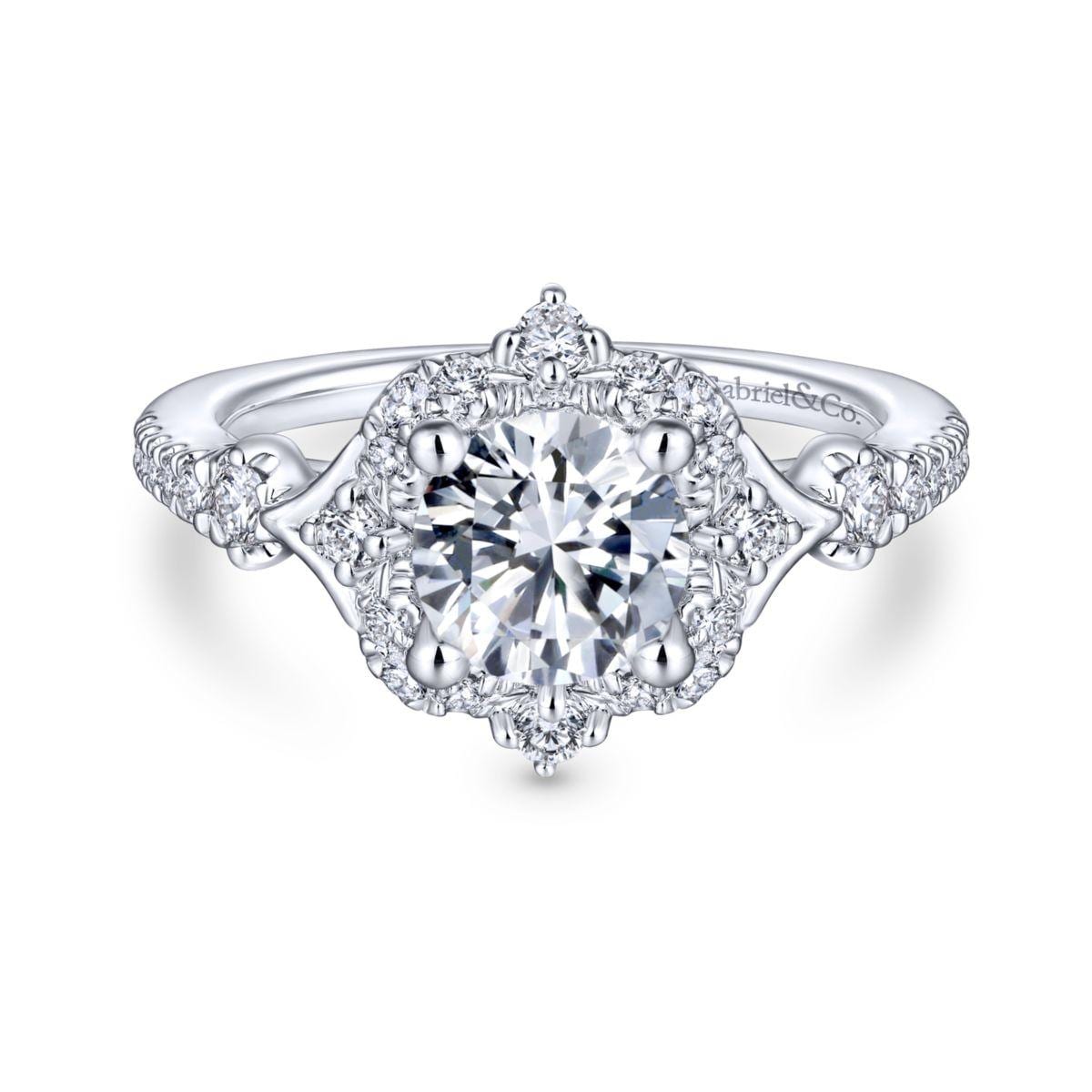 Unique 14K White Gold Vintage Inspired Halo Diamond Engagement Ring