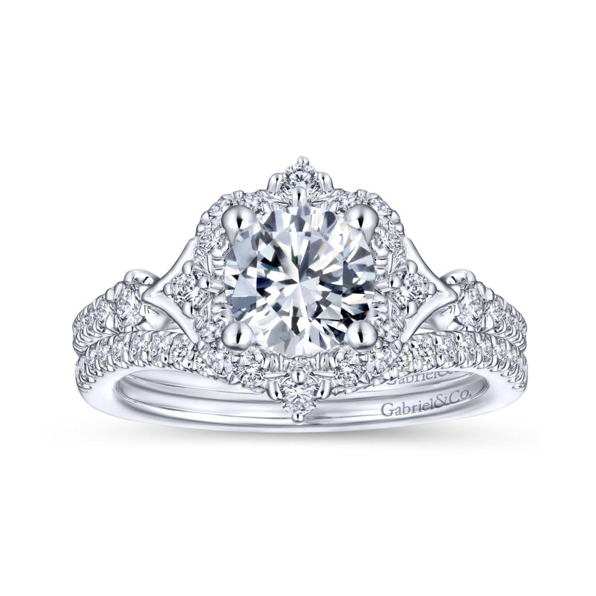 Unique 14K White Gold Vintage Inspired Halo Diamond Engagement Ring - Image 4
