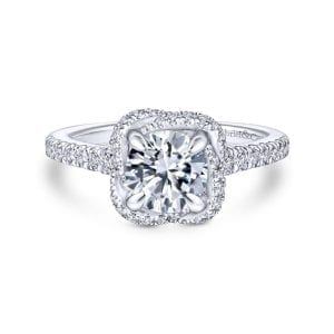 14K White Gold Cushion Halo Round Diamond Engagement Ring
