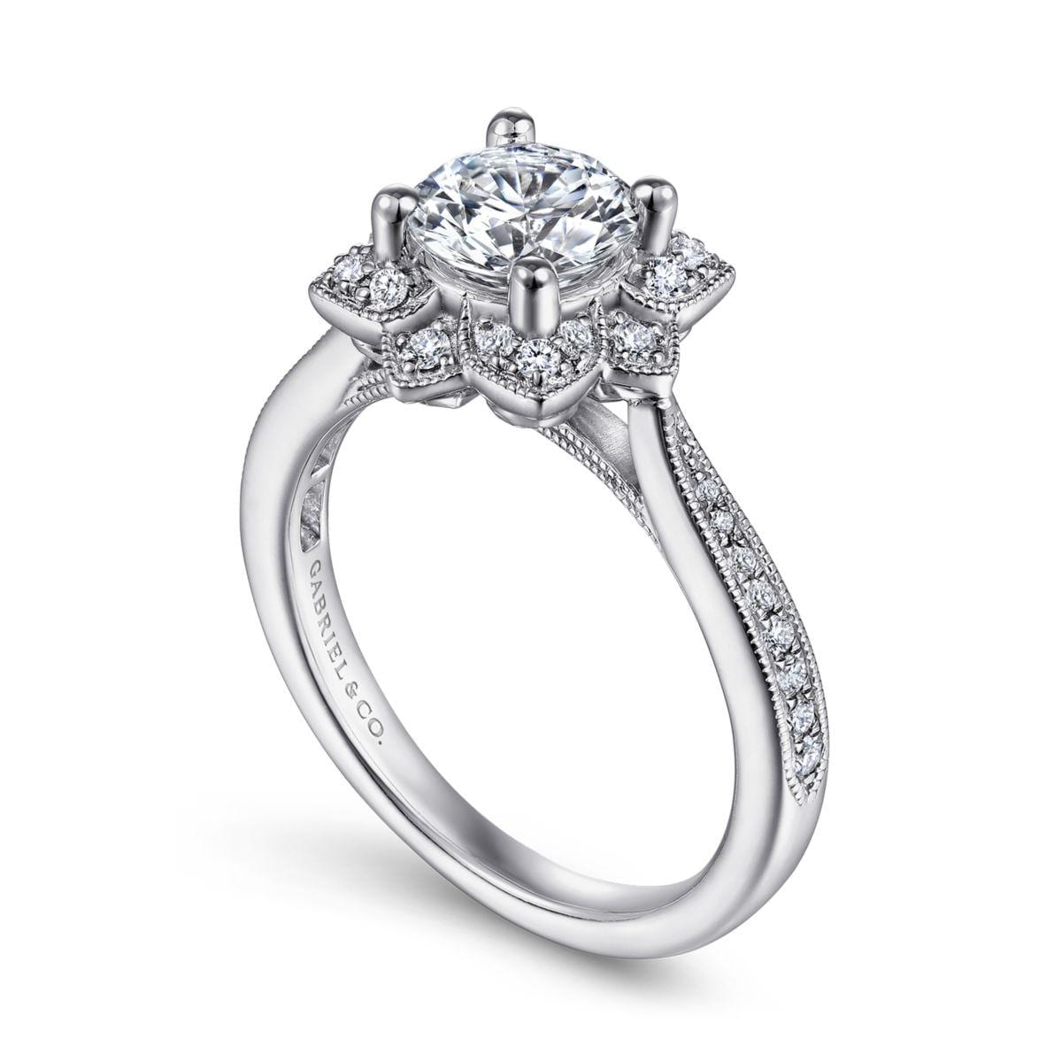 Unique 14K White Gold Vintage Inspired Halo Diamond Engagement Ring - Image 3