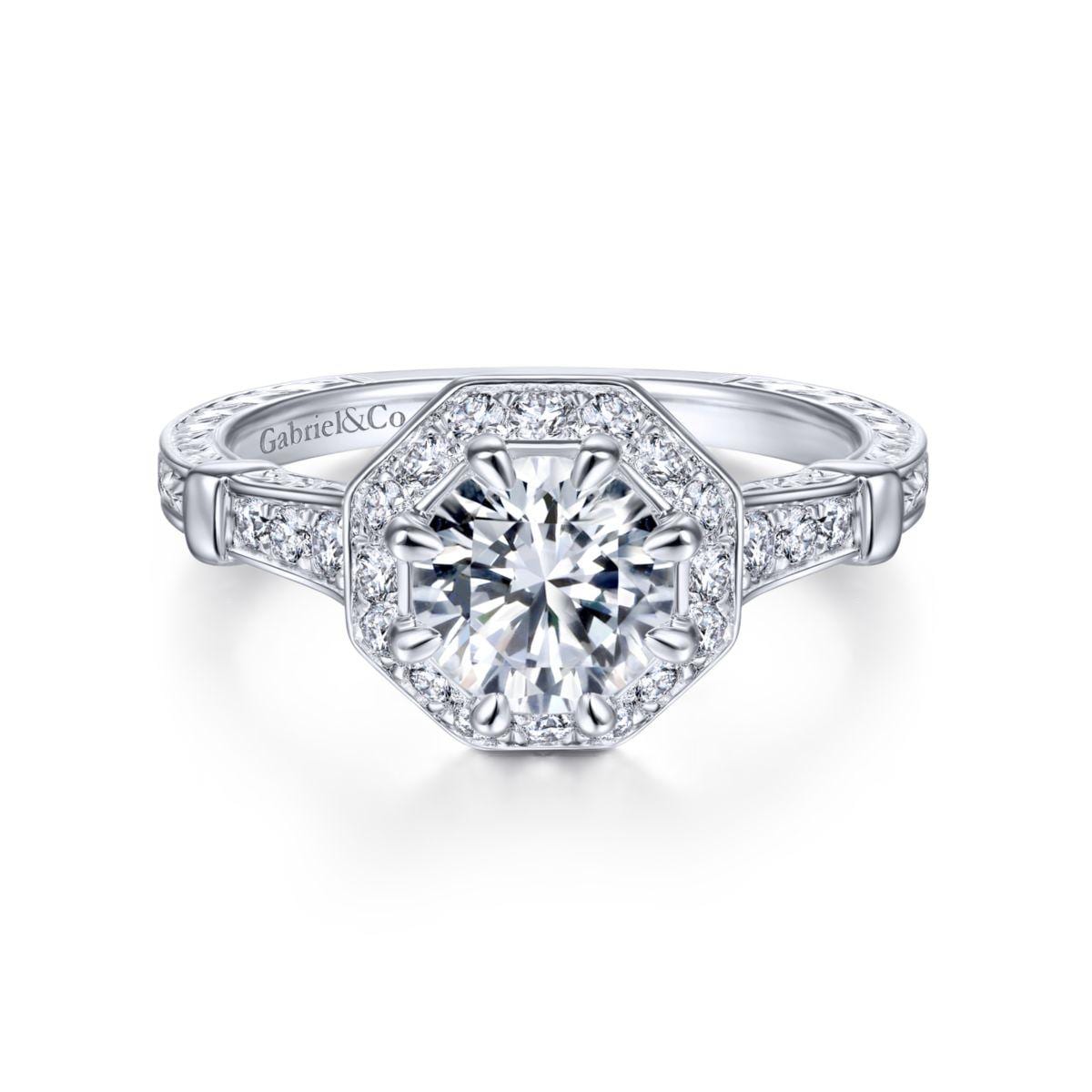 Art Deco 14K White Gold Octagonal Halo Round Diamond Engagement Ring