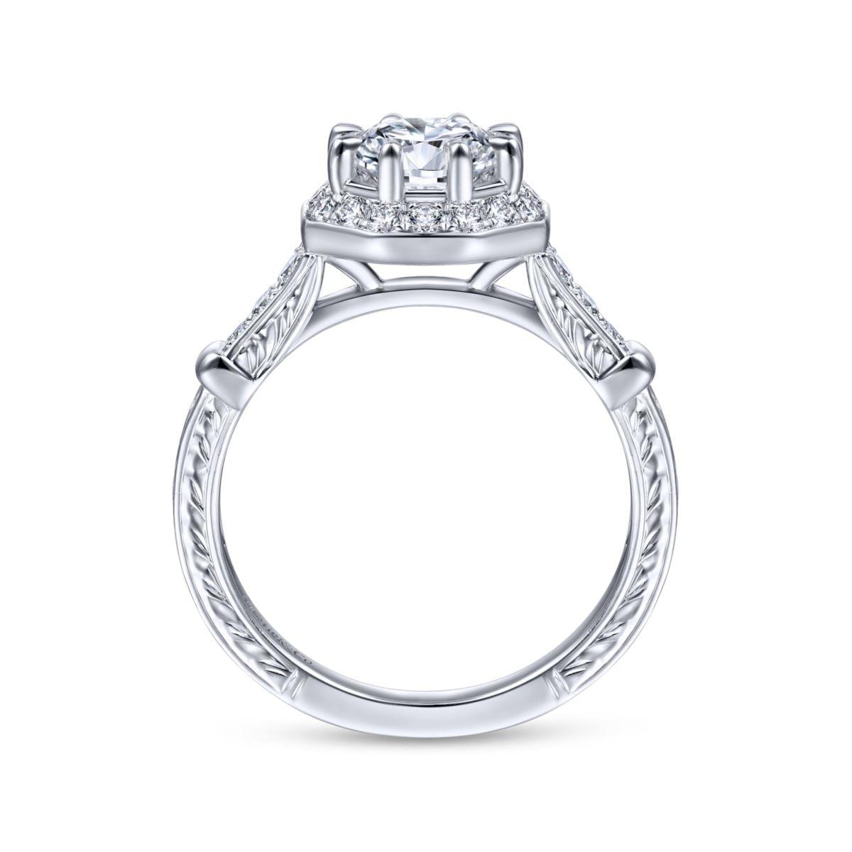 Art Deco 14K White Gold Octagonal Halo Round Diamond Engagement Ring - Image 2