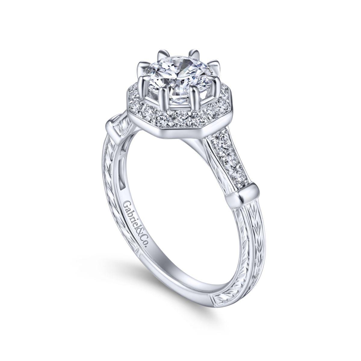 Art Deco 14K White Gold Octagonal Halo Round Diamond Engagement Ring - Image 3