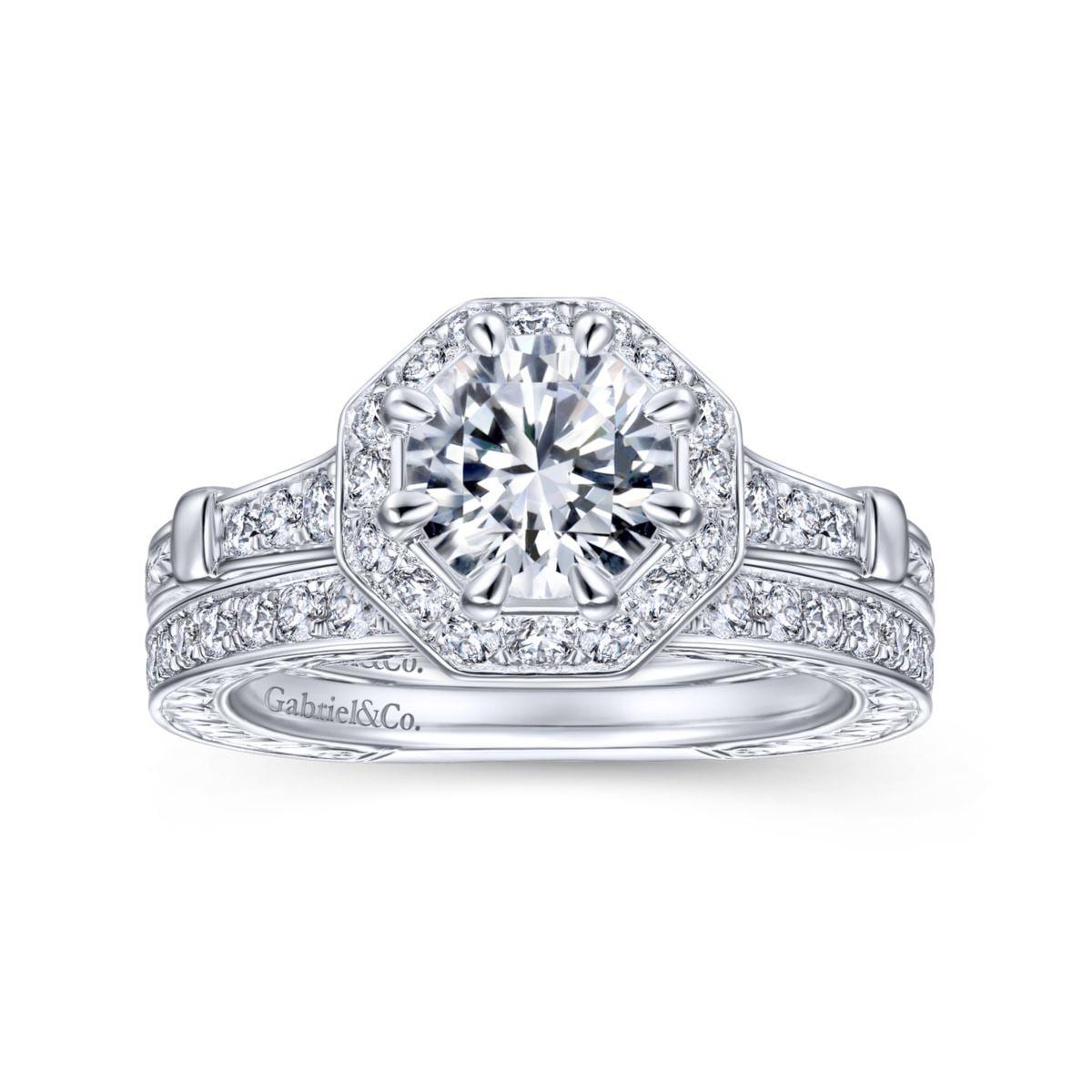 Art Deco 14K White Gold Octagonal Halo Round Diamond Engagement Ring - Image 4