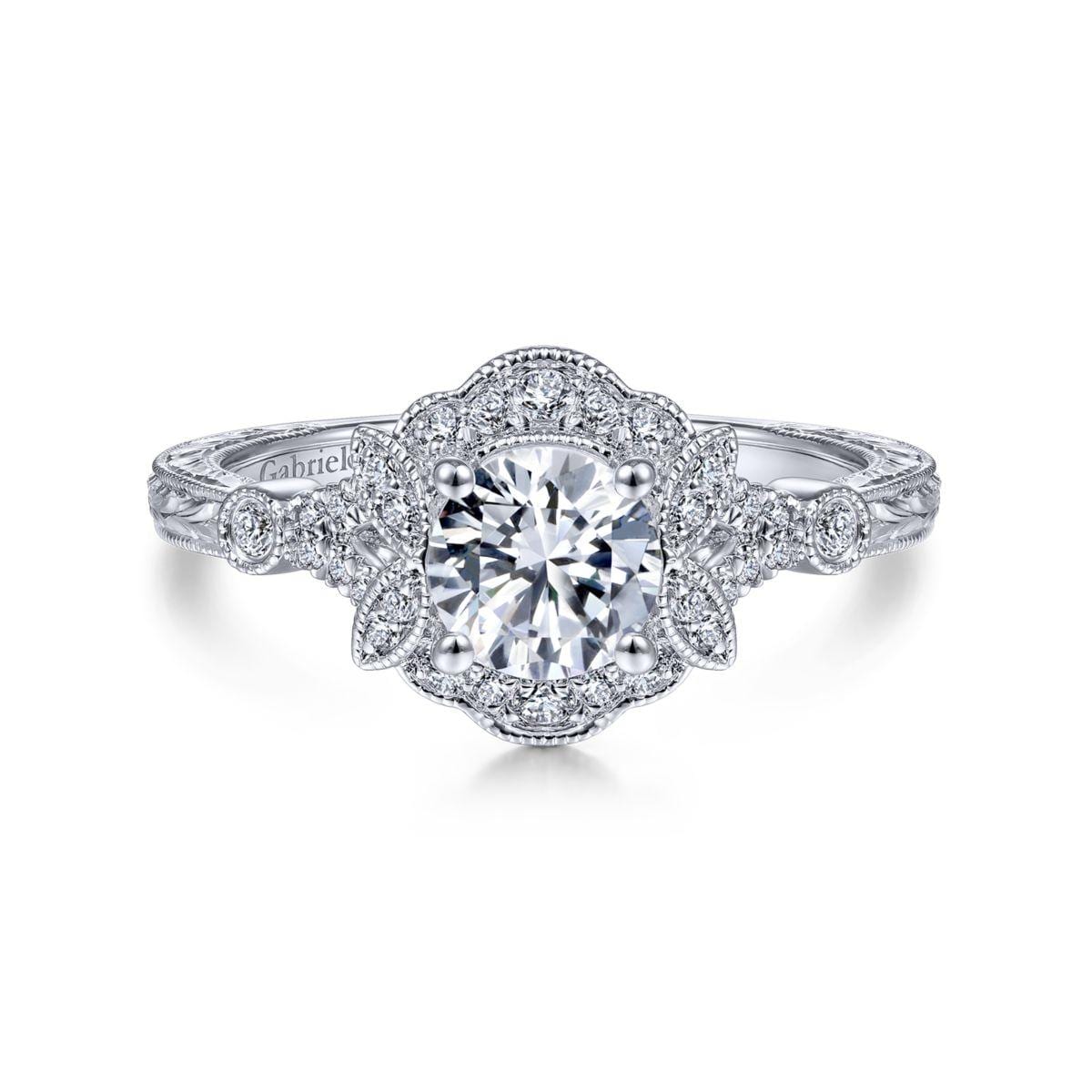 Vintage Inspired 14K White Gold Round Halo Diamond Engagement Ring
