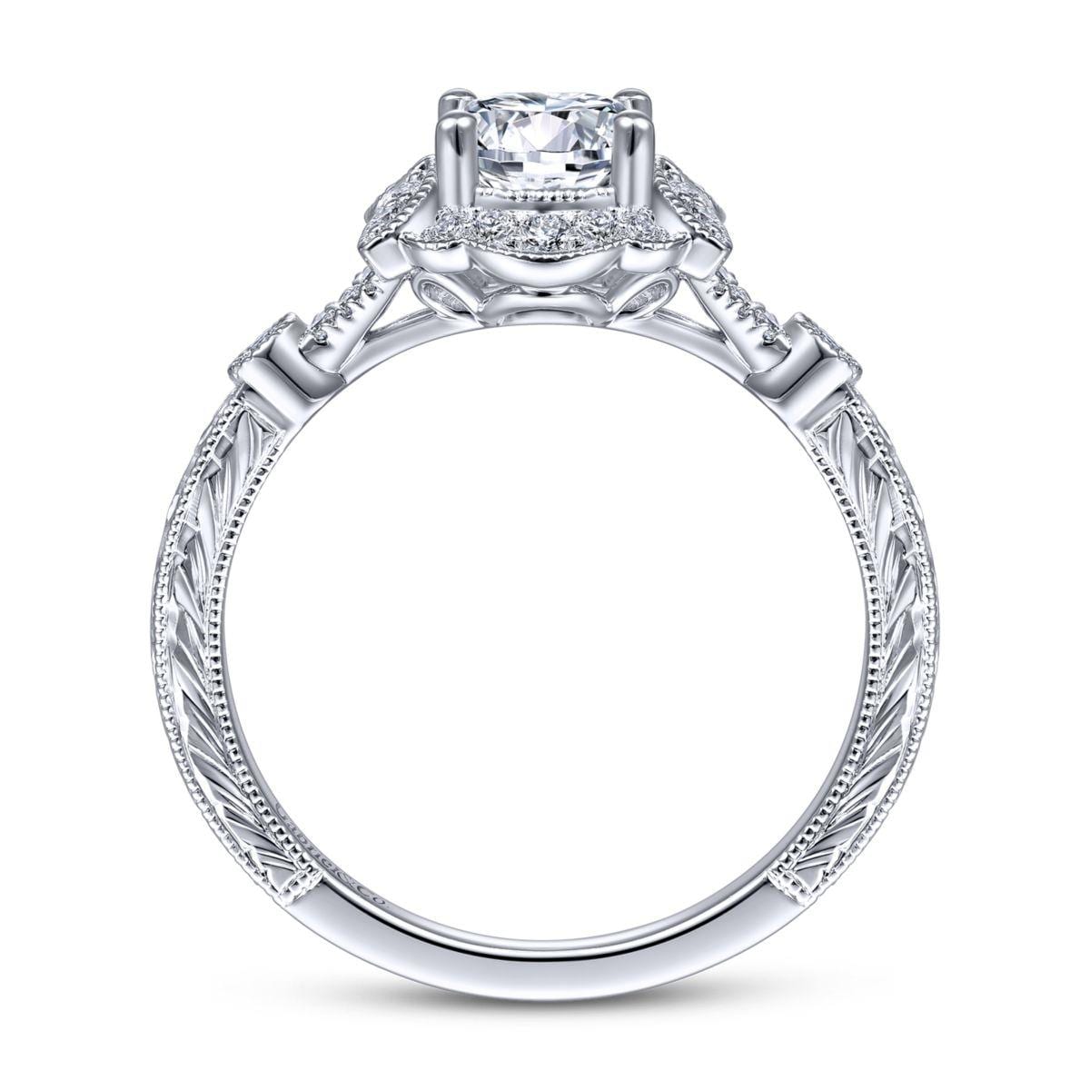Vintage Inspired 14K White Gold Round Halo Diamond Engagement Ring - Image 2