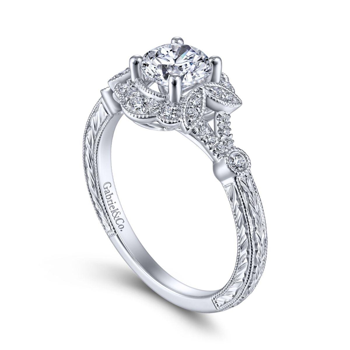 Vintage Inspired 14K White Gold Round Halo Diamond Engagement Ring - Image 3