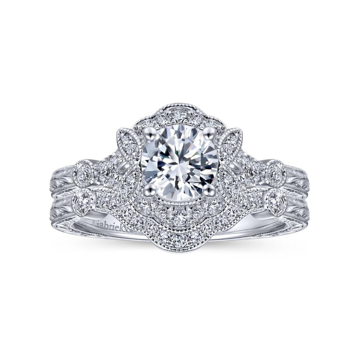Vintage Inspired 14K White Gold Round Halo Diamond Engagement Ring - Image 4