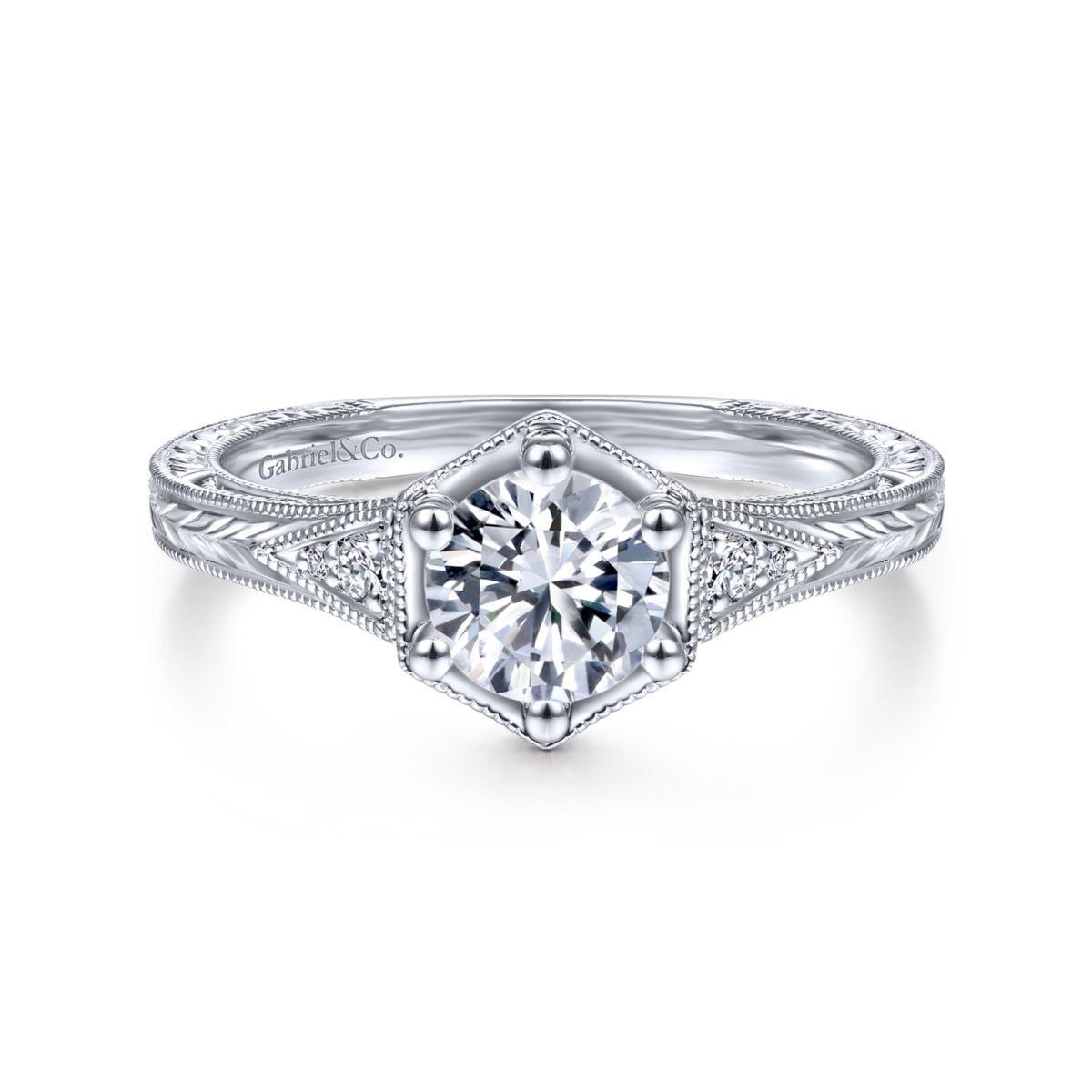 Vintage Inspired 14K White Gold Round Diamond Engagement Ring