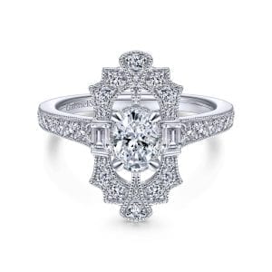 Art Deco 14K White Gold Oval Halo Diamond Engagement Ring