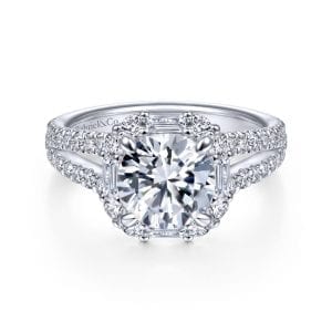 14K White Gold Cushion Halo Round Diamond Engagement Ring