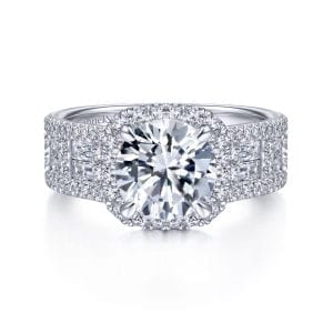 14K White Gold Cushion Halo Round Diamond Engagement Ring